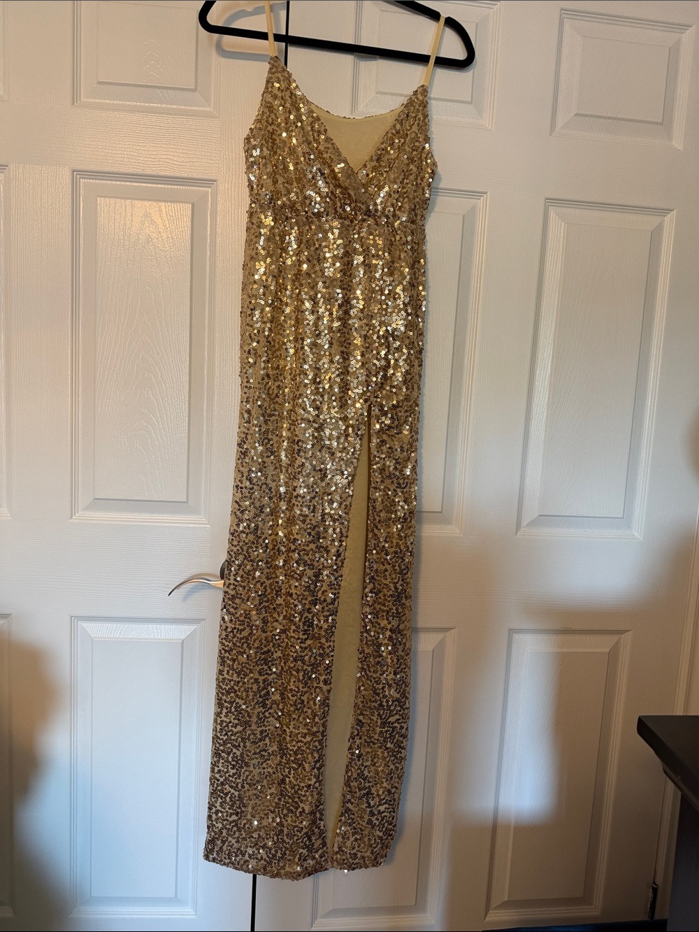 Gold Sequin Slit Evening Gown